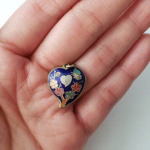 Vintage Cloisonne Floral Botanical Butterfly Heart Pendant